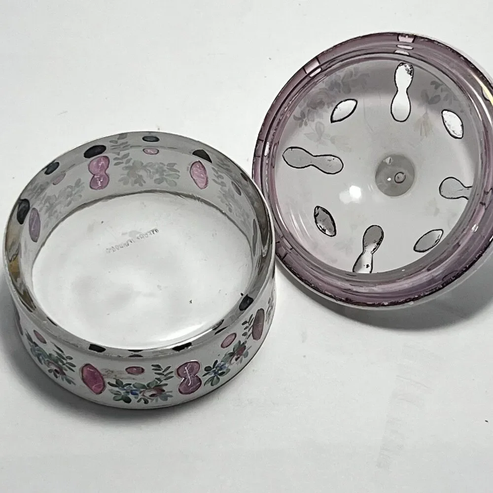 VTG Bohemian Czech Cased Milk Glass Hand Painted Trinket / Powder Jar Floral